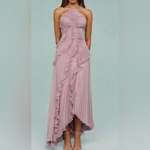 One-Shoulder Ruffle Midi Dress in Dusty Pink